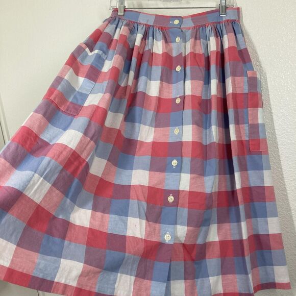 Vintage Russ Skirt Womens Medium Red Blue Plaid Cotton Button Front Pockets 80s - Picture 2 of 14